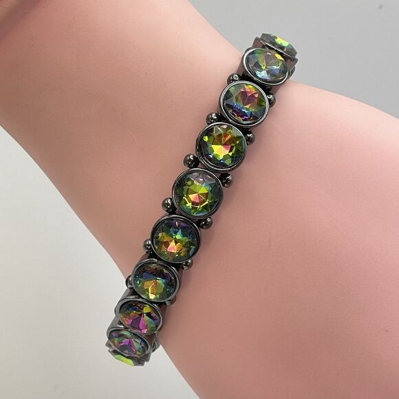 Gun Metal AB Glass Round Cut Rhinestone Stretch Bracelet Statement Boho - Picture 1 of 5